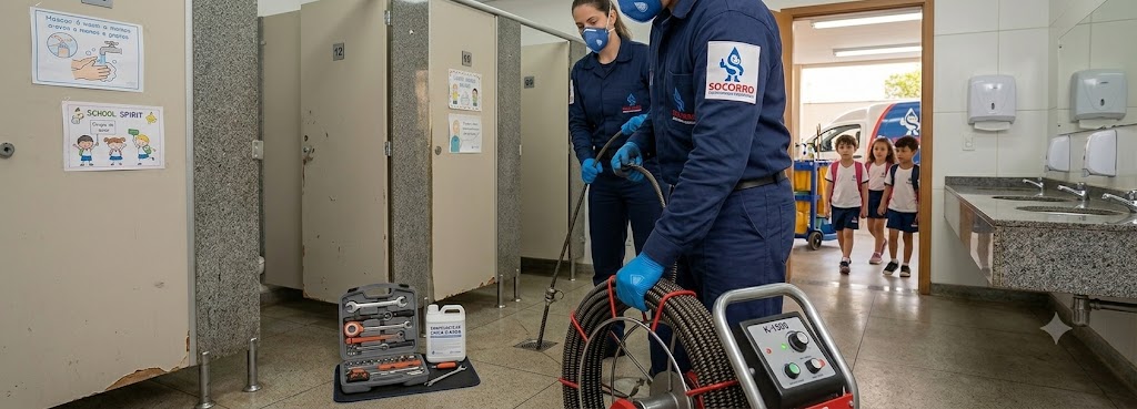 Profissional realizando Desentupimento e Manutenção Preventiva para Escolas, Colégios e Creches em Camboriú